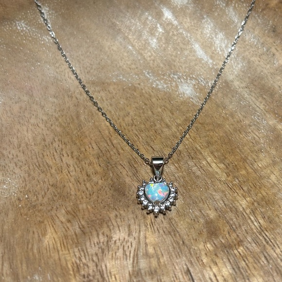 Lab Fire Opal & CZ 925 Sterling Silver Heart Necklace - Picture 5 of 12